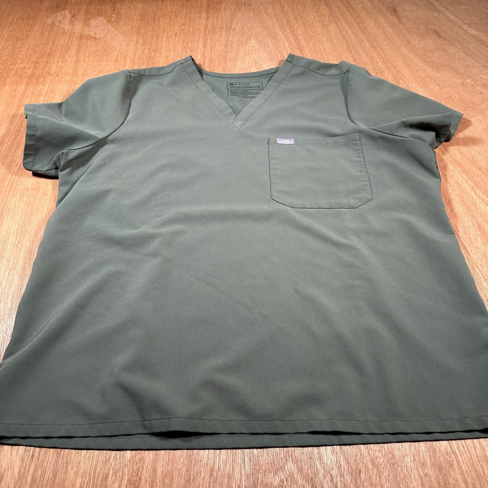FIGS Scrub Top Women XXL Olive Green V-Neck Technical Collection 1000211 Pocket